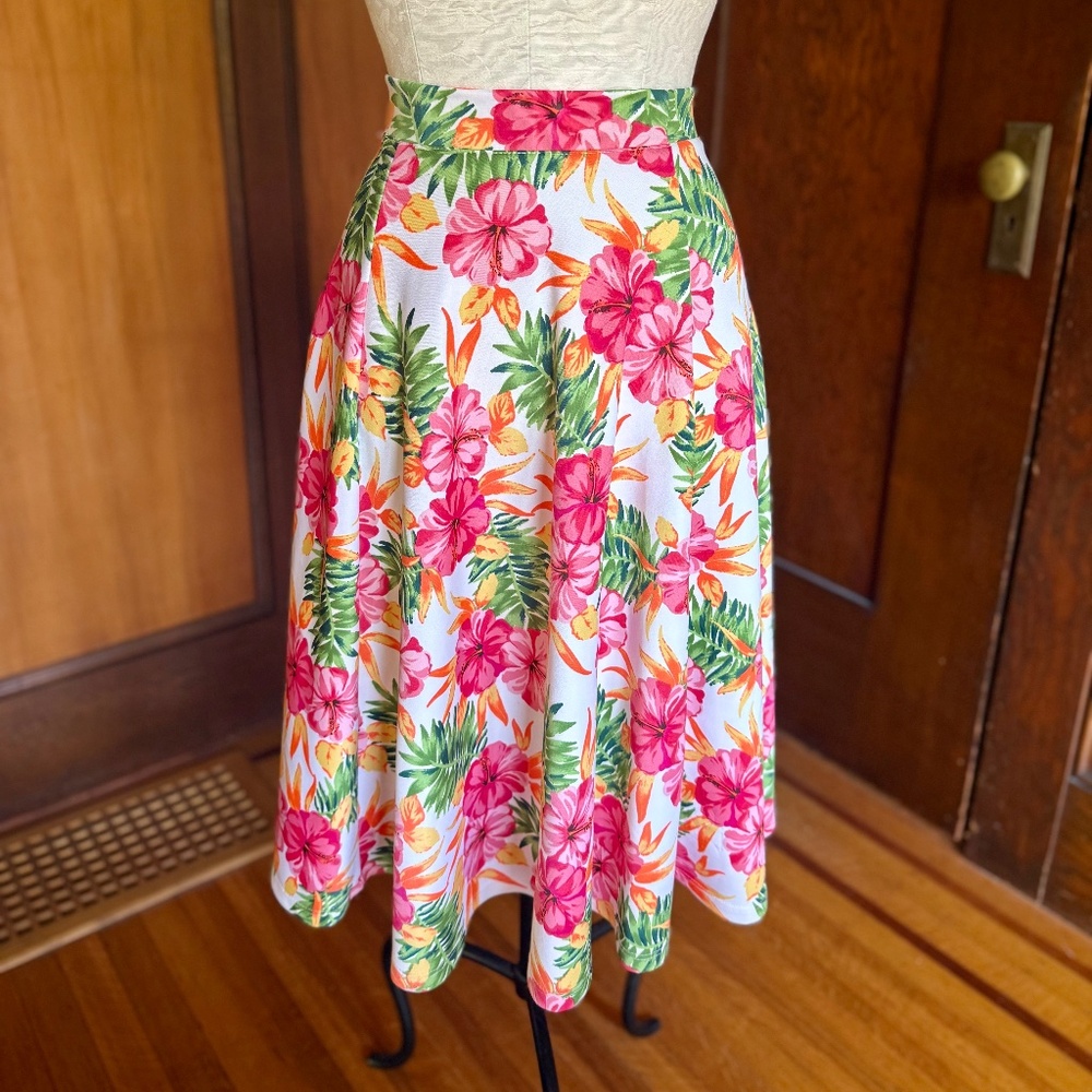Hawaiian Print Tropical Swing Midi Skirt, Pink Green Orange White, Sz Large